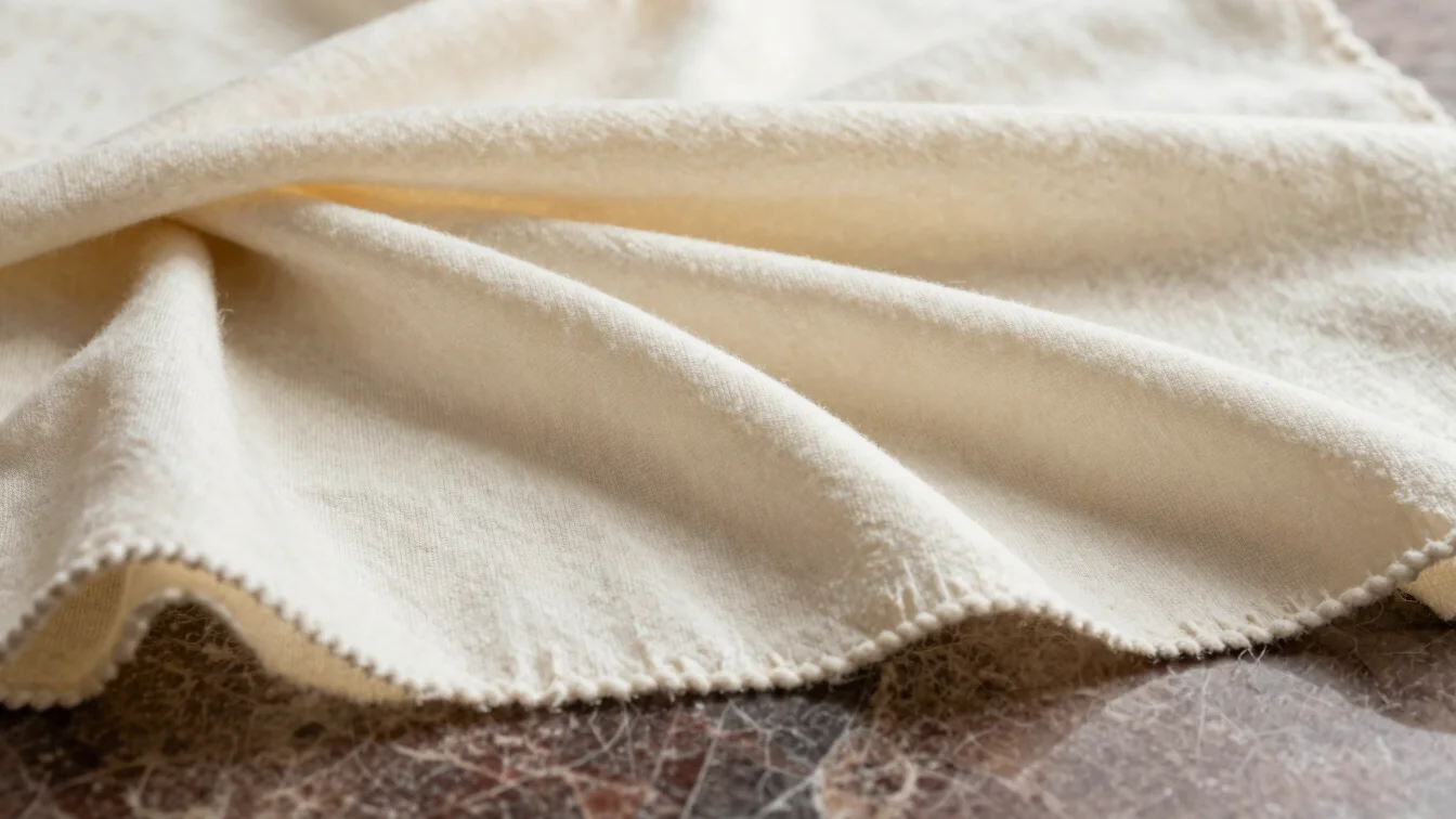 Macro texturing of light cream pure pashmina fiber wrap draped on
