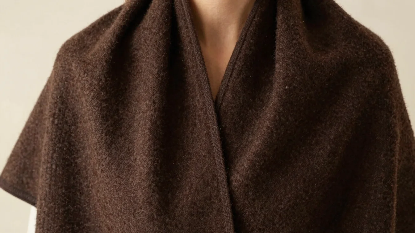 Tactile close-up of deep brown fine woolen stole with subtle wove