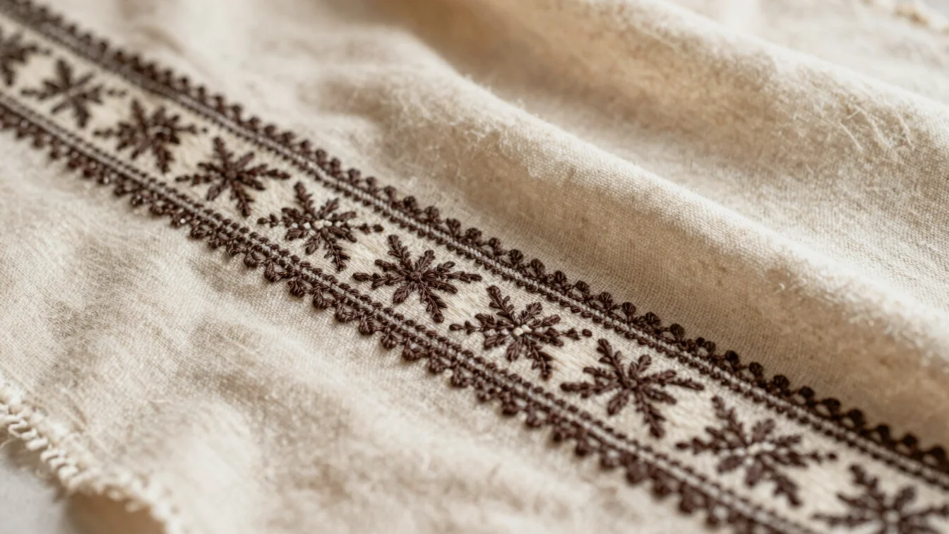Detailed close-up of traditional needle embroidery on beige cashm