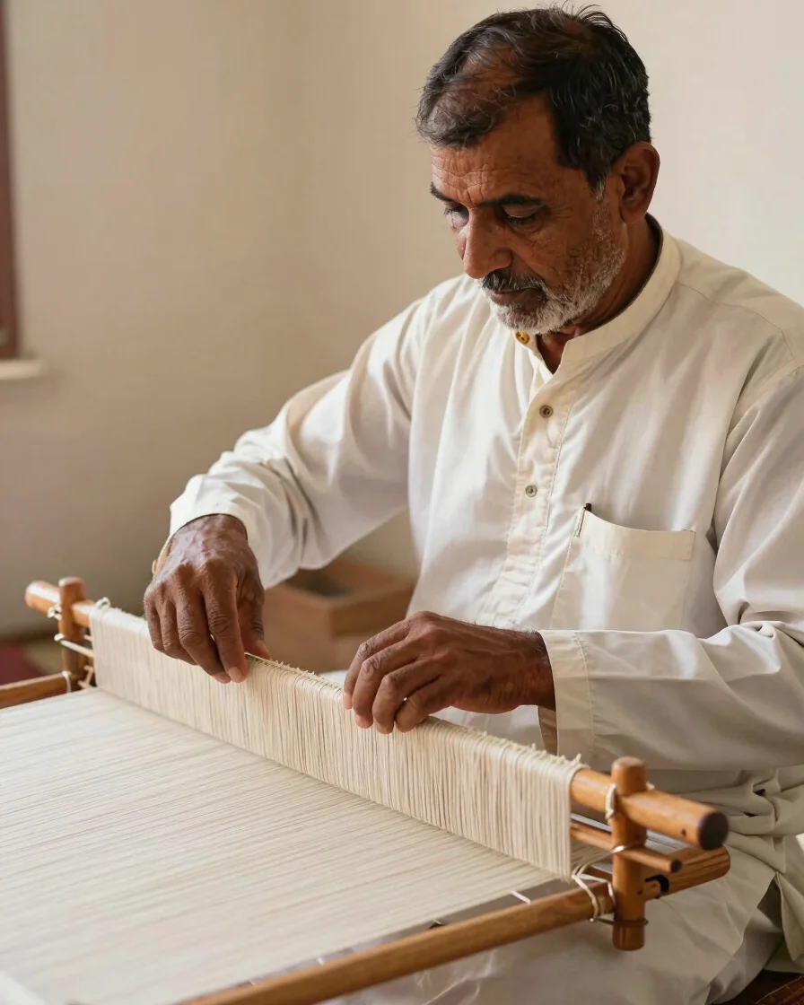 Editorial portrait of traditional Kashmiri loom weaver guiding fine pashmina threads through wooden shuttle, warm natura