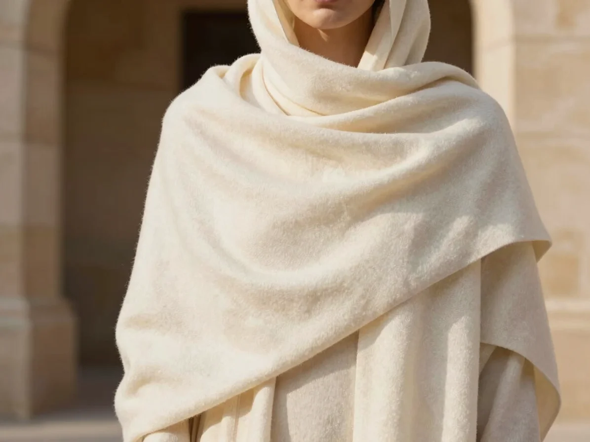 Editorial portrait of draped cream cashmere ceremonial shawl over