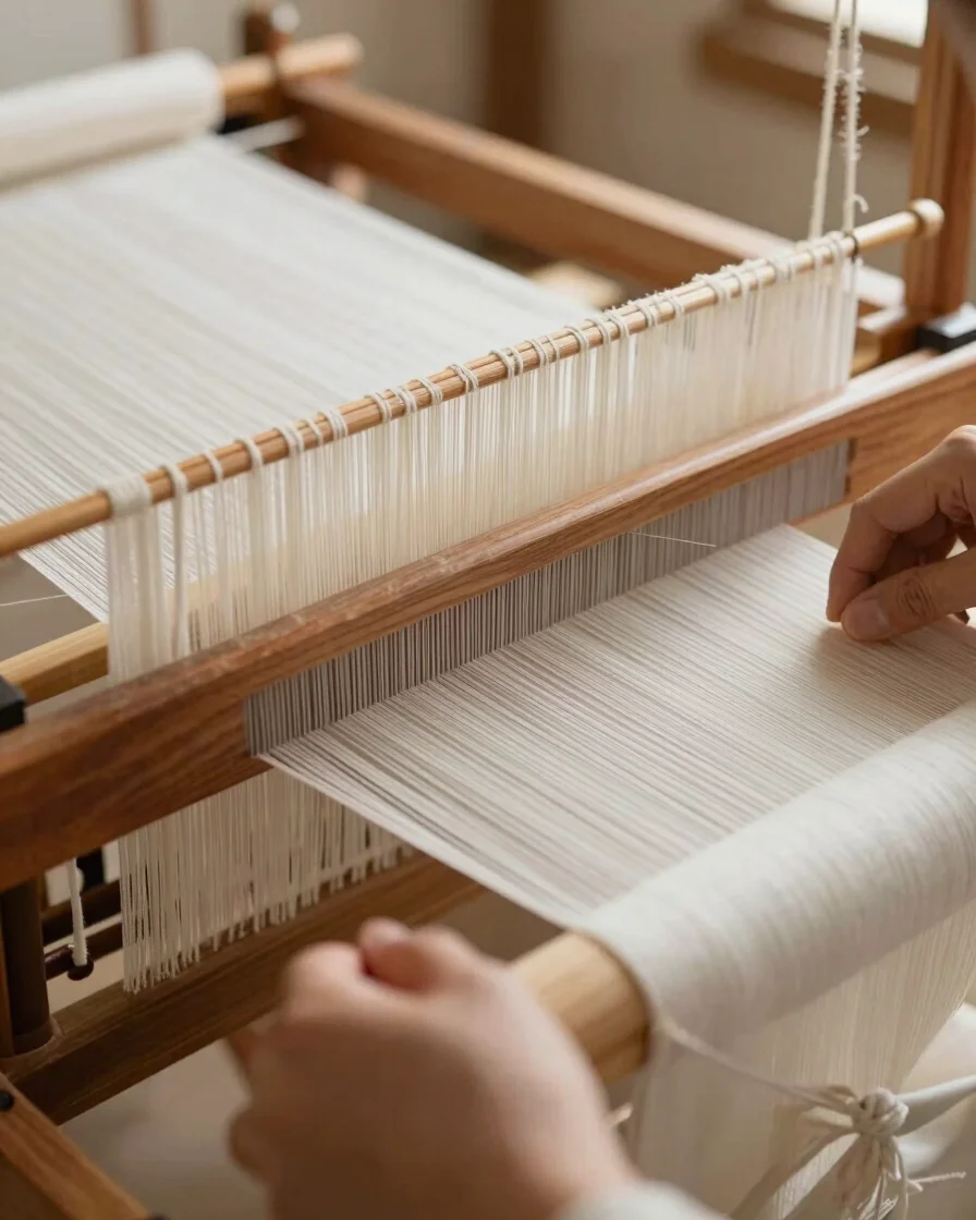 Close-up of skilled hands on a traditional wooden hand-loom, shuttles moving through fine threads, soft diffused natural