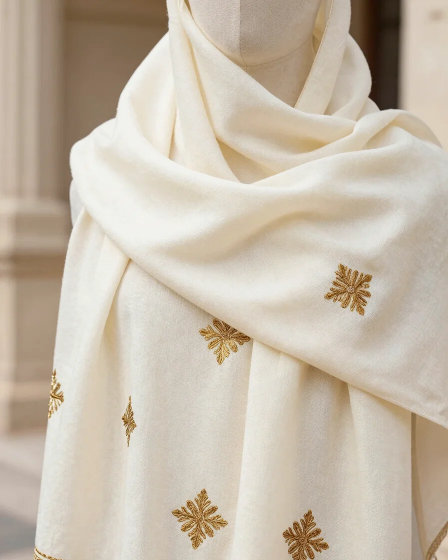 Macro portrait photograph of fine ivory pure pashmina shawl with